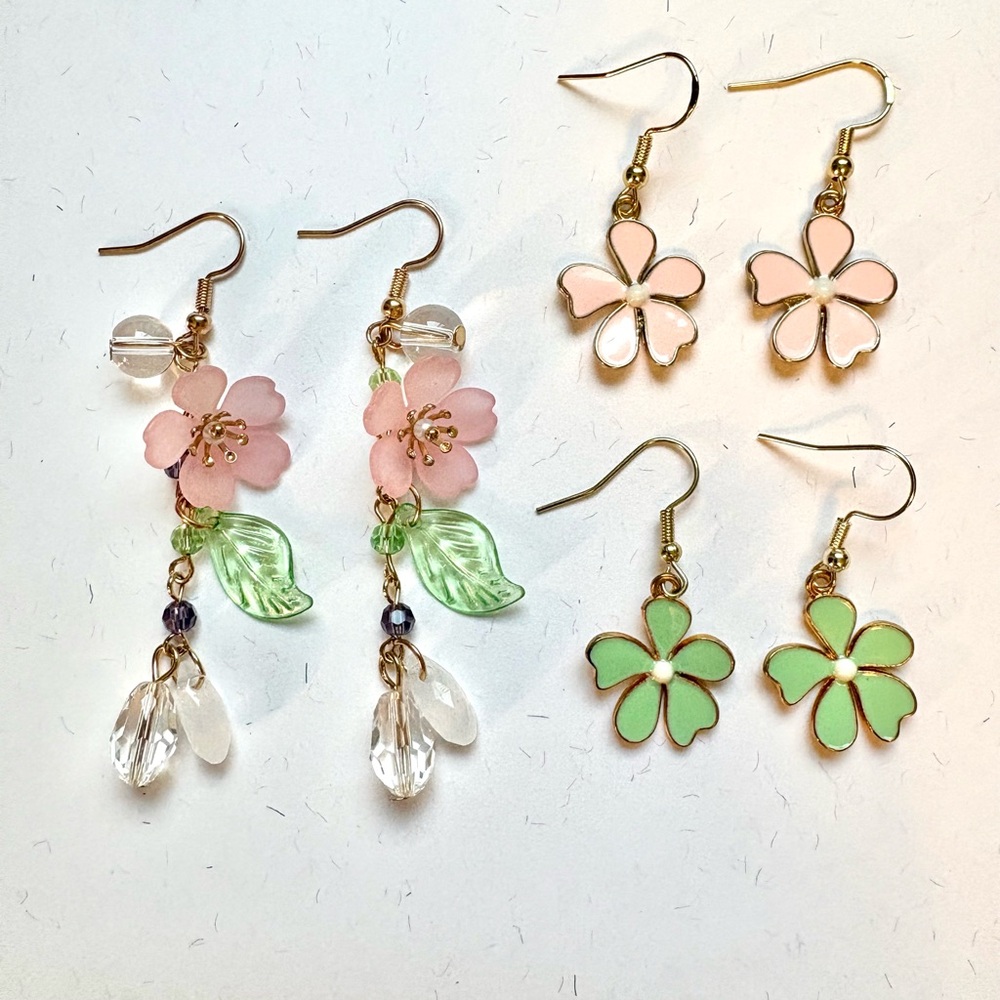 Green and Pink Flower Earring Bundle